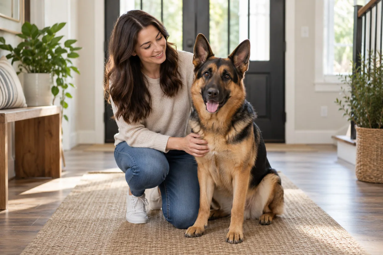 Owner seated beside a large dog